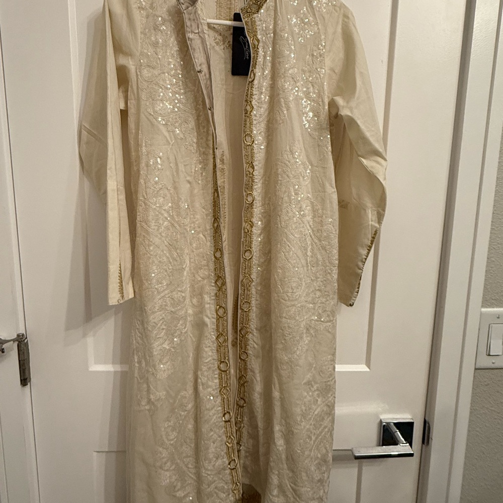 Elegant Cream Embroidered Women Salwar with Gold Trim